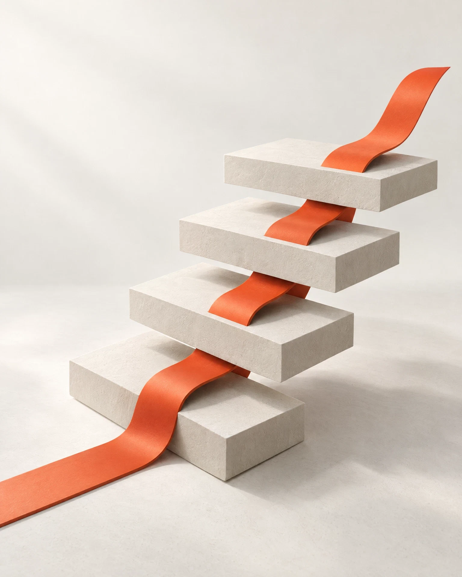 A sculptural staircase and vermilion path illustrate a website rebuild